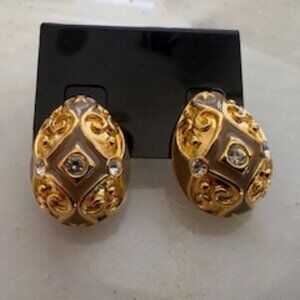 Joan Rivers pierced earrings-Egg shaped-Gold tone-Enamel paint-Clear crystals